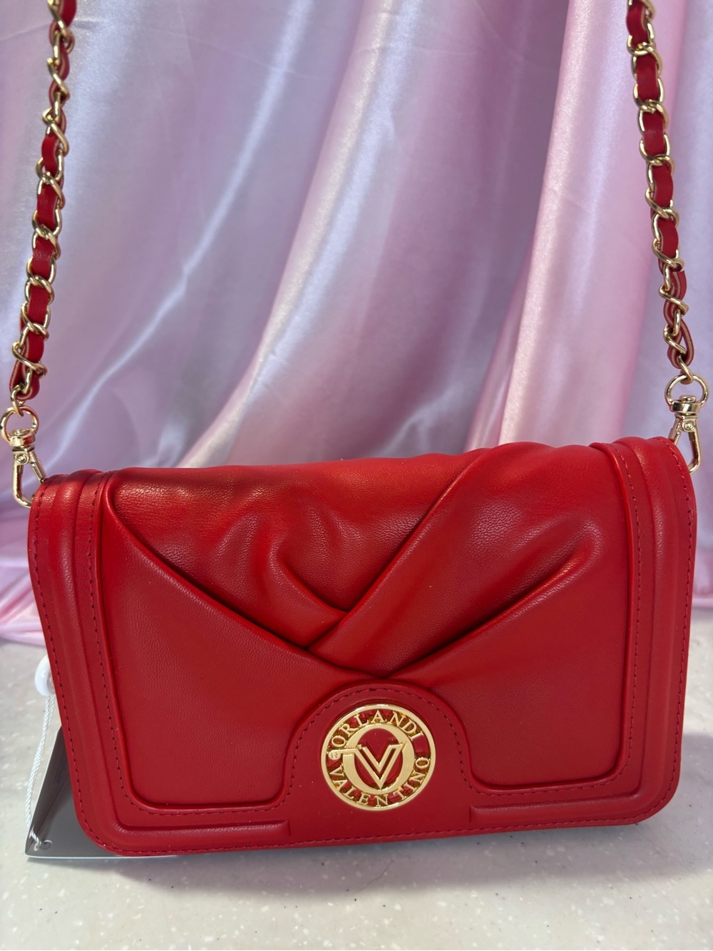 Valentino Red Quilted Leather Chain Crossbody with Gold Logo